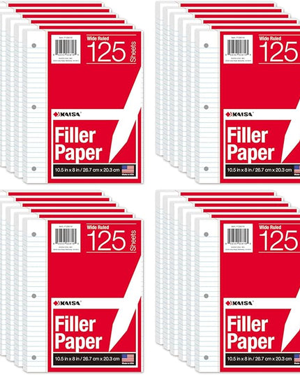 Kaisa Notebook Paper - 24 Pack, 8x10.5, Wide Ruled, 3-Ring Binder, 125 Sheets/Pack, 3-Hole Punch