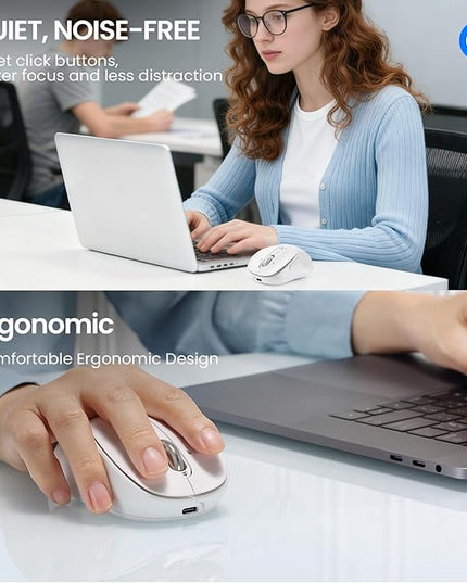 Wireless Bluetooth Mouse Rechargeable,USB+BT×2,Multi Device Quiet Ergo Computer Mouse,Metal 4-Way Super Scrolling,± 3200 DPI,10 Button,Plug&Play,Cordless Mice for Laptop,Tablet,Mac,iPad,PC,Phone-White