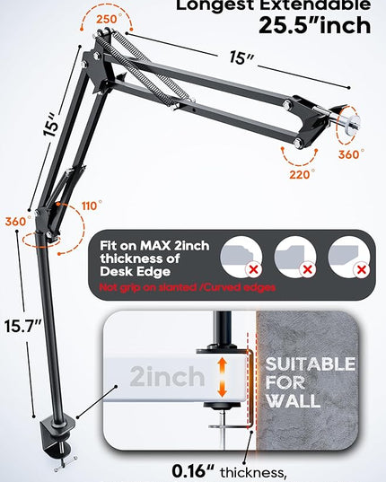 Overhead Camera Mount, 5lb Horizontal Load-Bearing, 360° Adjustable Stand for Desk, Flexible Arm Desk Mount, with Phone Clamp, Tabletop Mount for DSLR Camera/Webcam/Microphone（White