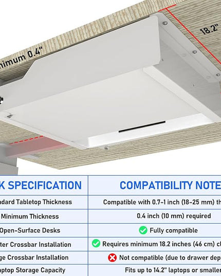 Lumil Under Desk Mounted Drawer Lockable with 3 Prong Extension Cord 10 FT with Multiple Outlets and Foldable Cable Management Arm for Office Desk 15.7" (W) x 15.7" (D) x 4.4" (H), White
