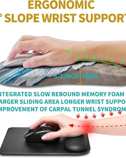 Hokafenle Ergonomic Mouse Pad Wrist Support, Wrist Rest Mousepad for Carpal Tunnel Pain Relief with Integrated Memory Foam Slope Massage Bulge (11.8x7.9 inch,Beach Sunset