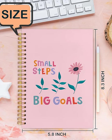 Pink Floral Inspirational Spiral Journal Notebook 5.5x8.3in, Small Steps Big Goals Mental Health Journal for Women, Motivational Notebooks for Note Taking, Pink Flower Hardcover Notebook