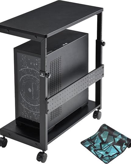 EUREKA ERGONOMIC PC Stand Computer Cart, Height Adjustable Tower Stand 2-Tier Suit for ATX Case Printer, Metal Rolling Cart on Wheels for Gaming Home Office, Carbon Fiber