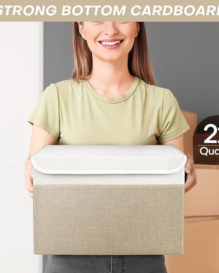 Large 22 Quart Linen Fabric Foldable Storage Bin Cube Organizer Basket with Flip-Top Lid & Handles, Clothes Blanket Box for Home, Office, Closet, Beige & White, 4 Pack 14.6 x 9.5 x 9.5”