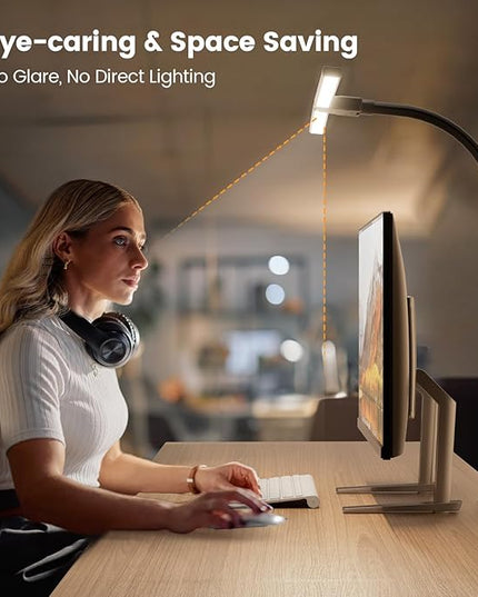 LED Desk Lamp for Home Office - 24W Computer Lamp with Remote Control, Dual Head Desk Light Bar with Clamp, 5 Color & Brightness Adjustable, Tall Flexible Task Monitor Lighting, Black