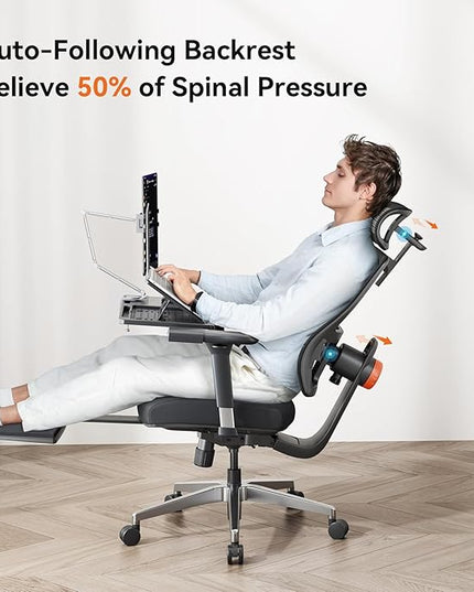 Newtral Office Chair Ergonomic with Footrest, Auto-Following Lumbar Support, High Back Desk Chair with 4D Armrest,136° Tilt Lock, Adjustable Seat Depth & Height (5D Headrest+Aluminum Base, Black)