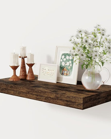 12 Inch Deep Floating Shelves, 24 x 12 Floating Shelf for Books, Rustic Wood Deep Wall Shelves for Home Storage & Display, 2" Thicked Shelves for Kitchen, Living Room, Bedroom, Rustic Brown, 1 Pack