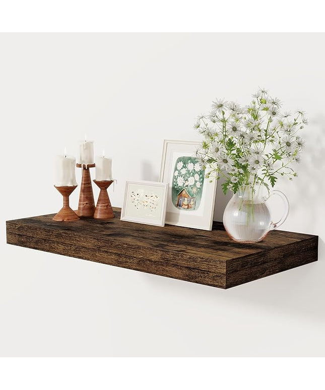 12 Inch Deep Floating Shelves, 24 x 12 Floating Shelf for Books, Rustic Wood Deep Wall Shelves for Home Storage & Display, 2" Thicked Shelves for Kitchen, Living Room, Bedroom, Rustic Brown, 1 Pack