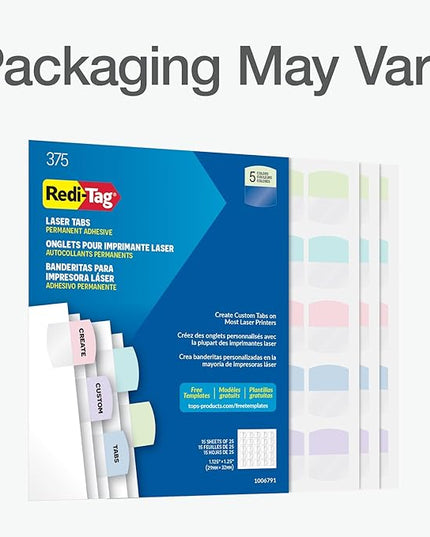 Redi-Tag Laser Printable Tabs, Permanent Index Tabs, Customizable Adhesive Labels, Assorted Pastel Colors, 1.125" x 1.25", 375 Per Pack (1006791)