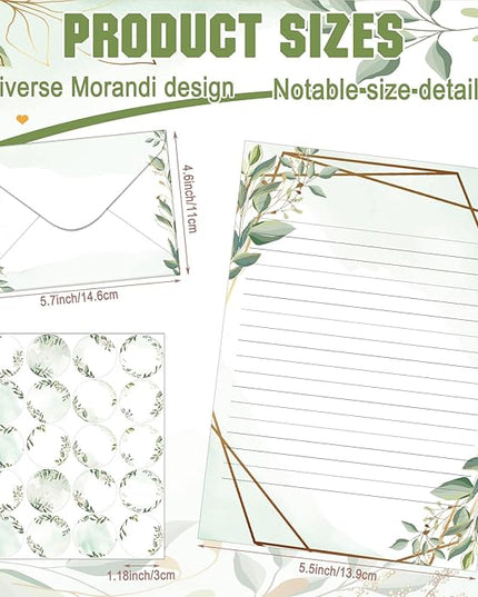 TaoBary 160 Pcs Stationery Paper Set 50 Double Sided Stationery Papers with 50 Matching Envelopes and 60 Round Dot Sticker, 10 Design(Eucalyptus,5.5 x 8.25 Inch)