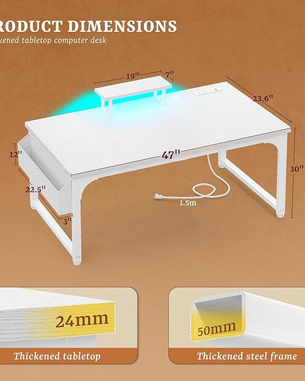 Computer Desk with Monitor Stand & 24mm Thicker Desktop,Gaming Desk with Power Outlets & LED Light,White Writing Desk for Home Office, Study, Bedroom, White