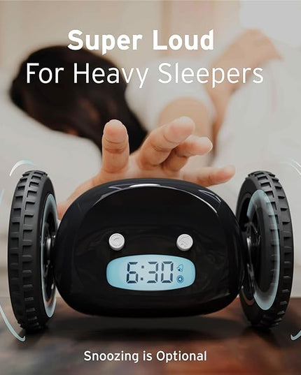 CLOCKY Extra Loud Alarm Clock for Heavy Sleepers on Wheels Rolls Runaway Vibrating Easy To Set Super Smart Snooze Digital Bed Shaker Alarm Clock Funny Gift for Adults Kids Teens Bedroom (Black Wheels)
