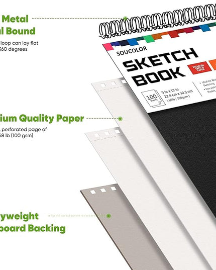 Professional Drawing Supplies for Sketch, Charcoal, Colored, Graphite, Pastel Pencils & Sticks. Soucolor 2-Pack 9" x 12" Sketch Book, 200 Sheets Spiral Bound 68lb/100gsm Paper for Kids Adults Artists