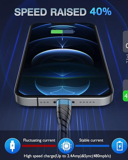 OIITH MFi Certified iPhone Charger Cable 3 Pack 6 Ft, Long for Lightning Charging Cord, Fast 2.4A for iPhone USB Cord Compatible with iPhone12/11/XS/Max/XR/X/8/8P/7P/6/iPad - Indigo