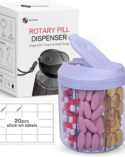 Pill Organizer with 7 Large Compartments, Pill Dispenser 4.4" H x 3.6" Dia for Travel, Supplement Organizer with Anti-Mixing Design, BPA-Free Pill Container with 20 Pcs Labels, Purple