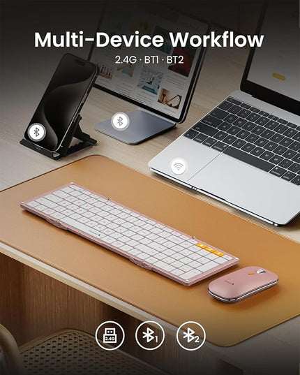 ProtoArc Foldable Keyboard and Mouse, XKM01 True Full-Size Folding Wireless Keyboard Mouse Combo for Business Travel, a Portable Office Suite On-The-Go, Compatible with Laptop iPad Tablet - Pink