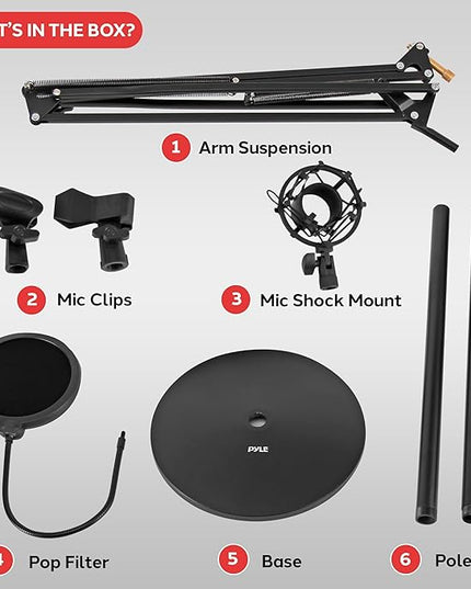 Pyle Microphone Boom Suspension Stand - Scissor Arm Mic Mount w/Shock Mount, Integrated Pop Filter, 3.1' ft. Max Extension, Suitable for Podcast Recording, Broadcasting, Streaming, Stage & Studio Use