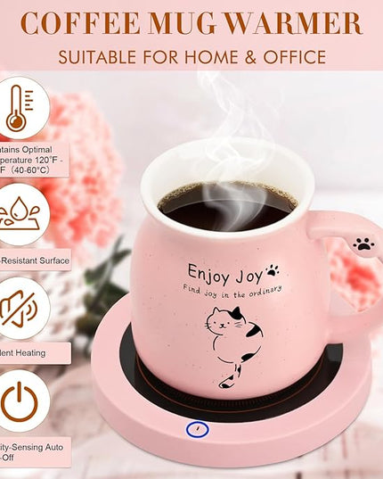 Coffee Mug Warmer, Cute Cat Mug Set, Coffee Cup Warmer for Desk, Gifts for Women, Pink Heated Coffee Warmer for Mom Home Office Christmas Birthday Gifts