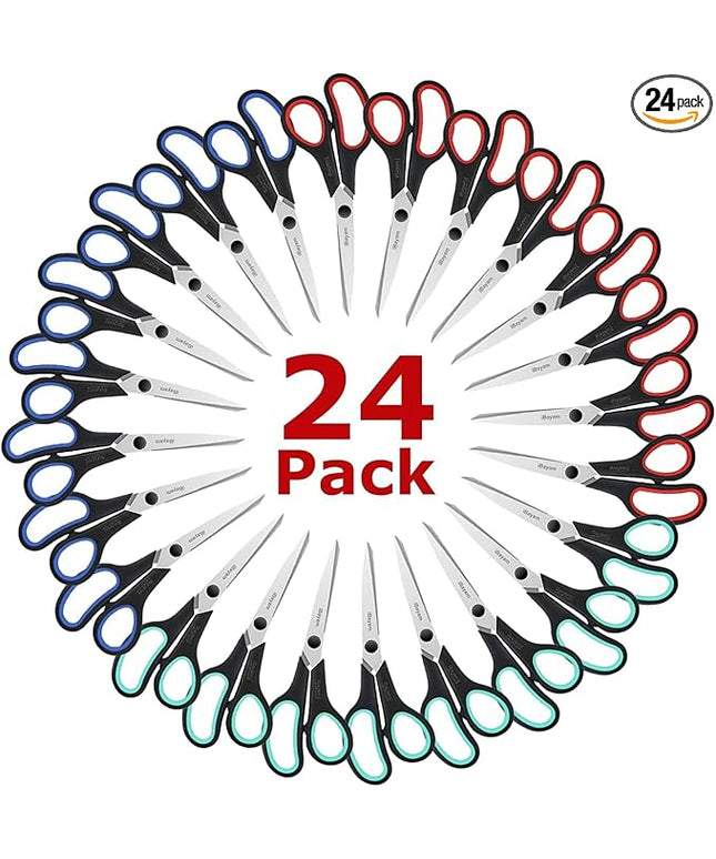 School Office Scissors Bulk, Set of 24-Pack, 8" All Purpose Sharp Scissors with Comfort-Grip Handles for High/Middle School Student Teacher, Office Home Sewing Fabric Supplies, for Right Left Handed