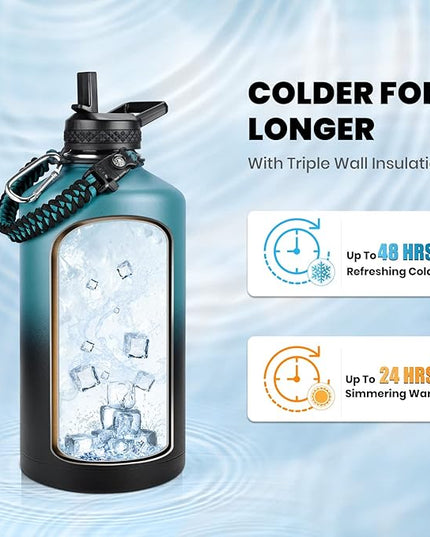 One Gallon Water Bottle Insulated, Triple Walled Vacuum Stainless Steel (Cold for 48 Hrs), Leak Proof & Non-BPA, Large Water Flask Jug with Paracord Handle & Straw Spout Lids