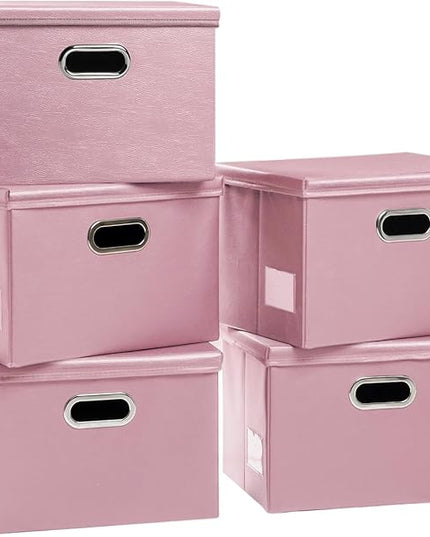 PRANDOM Large Stackable Storage Bins with Lids [5-Pack] Leather Fabric Foldable Storage Boxes Organizer Containers Baskets Cube with Cover for Bedroom Closet Office Nursery Pink (17.7x11.8x11.8)