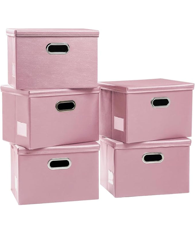 PRANDOM Large Stackable Storage Bins with Lids [5-Pack] Leather Fabric Foldable Storage Boxes Organizer Containers Baskets Cube with Cover for Bedroom Closet Office Nursery Pink (17.7x11.8x11.8)