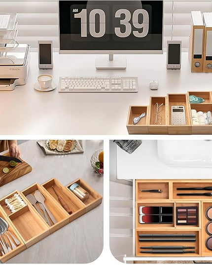 Bamboo Drawer Organizer 5 Pcs for Kitchen Multi-purpose Storage Dividers for Kitchen, Office, Jewelry, Cosmetics, Wooden Drawer Dividers for Drawer Organizer Desk Organizer Gift for Women Gifts Idea