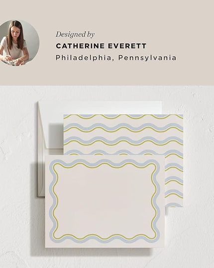 Minted Squiggled Stationery Set, Set of 10, Flat Note Cards & Envelopes for Invitiations and Handwritten Thank You Messages, Pale Blue & Chartreuse Border, Gifts for Men and Women, Luxurious Paper