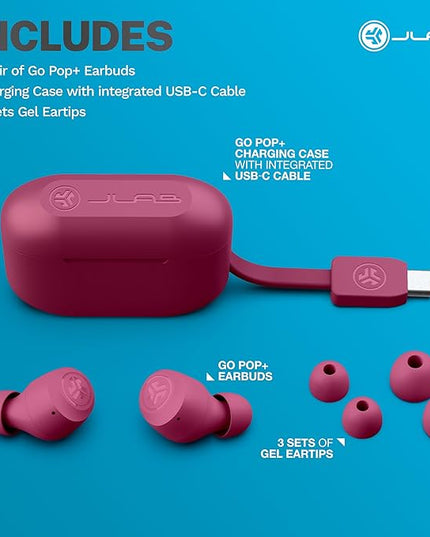 JLab Go Air Pop+ True Wireless Earbuds, in Ear Headphones, Bluetooth Earphones, 35H Playtime Ear Buds, Bluetooth Earbuds with Microphone, USB-C Charging Case, Dual Connect, EQ3 Sound, Dark Pink