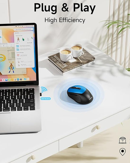 memzuoix Wireless Mouse, 2.4GHz Nano Receiver, 3 DPI Levels (800/1200/1600), 6 Buttons, Compatible with PC/Mac/Laptop (Blue)