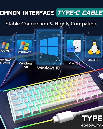 RK ROYAL KLUDGE RK61 Wired 60% Mechanical Gaming Keyboard Programmable QMK/VIA RGB Backlit 61 Keys Ultra-Compact Hot Swappable Brown Switch White