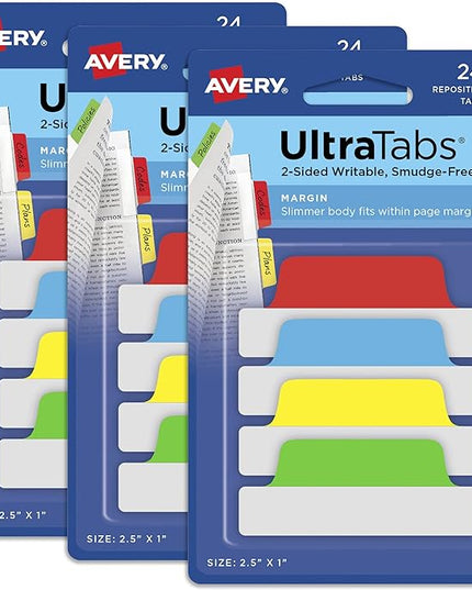 Avery Margin Ultra Tabs, 2.5" x 1", 2-Side Writable, Assorted Colors, 24 Repositionable Page Tabs Per Pack, 72 Total (3-Pack of 74768)