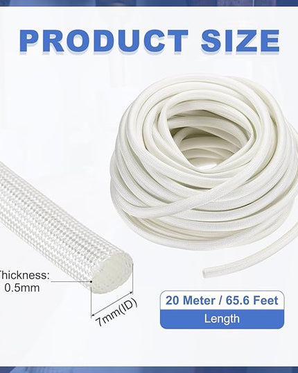 uxcell Insulation Cable Protector,7mm/0.28 Inch-20m/66 Feet High Temp Fiberglass Sleeve White