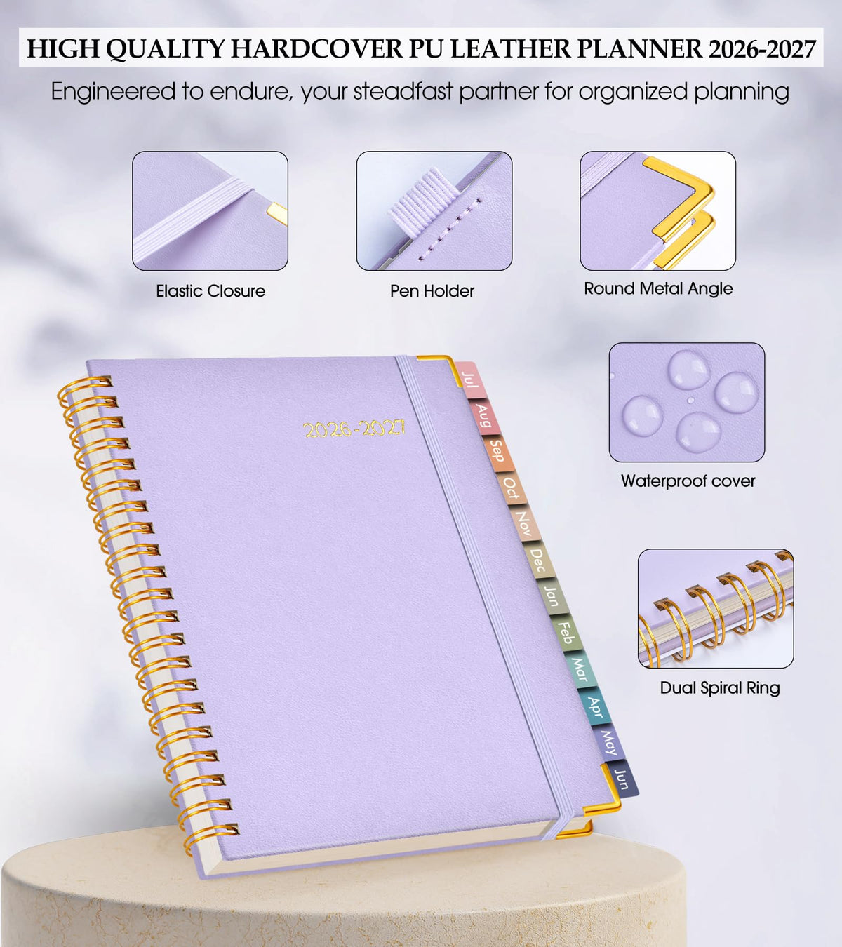 Academic Planner 2026-2027, Hardcover Leather Weekly and Monthly Calendar Planner from July 2026 - June 2027, A5 6.1" x 8.2" Daily Agenda with Tabs, College School Organizer for Student Teacher, Purple
