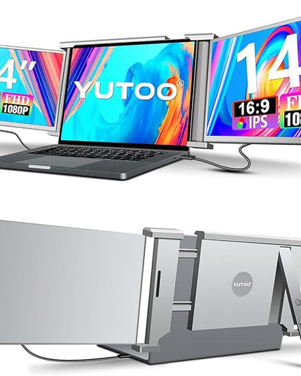 YUTOO Laptop Screen Extender, 14" Portable Triple Monitor for Laptops 315° Rotate| Plug and Play| 1080P| FHD, Laptop Monitor Extender for 13.5~16.5" Laptops, HDMI/USB-A/Type-C,for Mac/Wins/Android/Dex