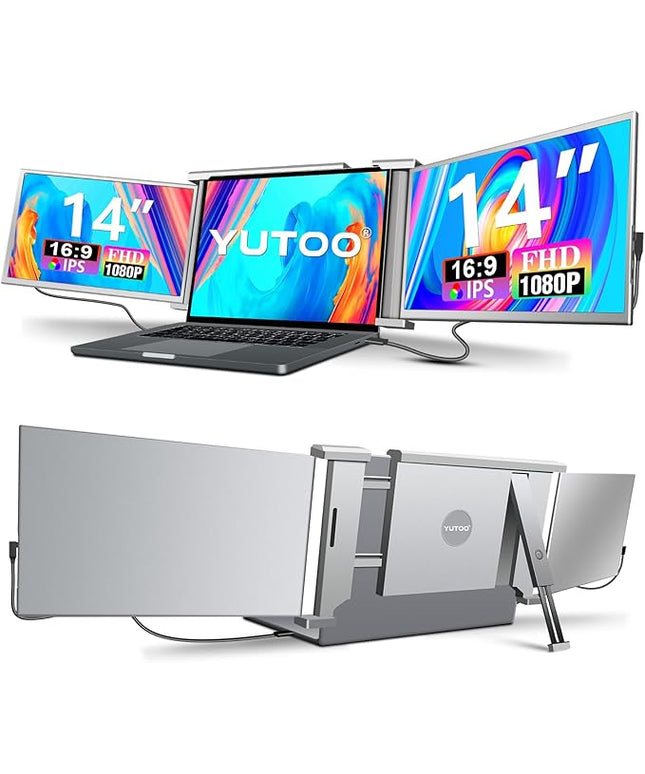 YUTOO Laptop Screen Extender, 14" Portable Triple Monitor for Laptops 315° Rotate| Plug and Play| 1080P| FHD, Laptop Monitor Extender for 13.5~16.5" Laptops, HDMI/USB-A/Type-C,for Mac/Wins/Android/Dex