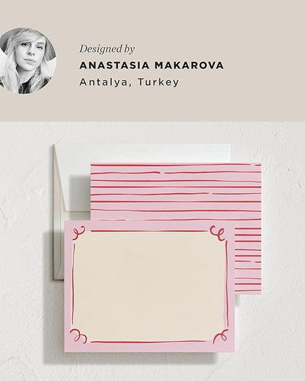 Minted Curly Corners Stationery Set, Set of 10, Flat Note Cards & Envelopes for Invitiations and Handwritten Thank You Messages, Pink Hand-Drawn Frame Design, Gifts for Women, Luxurious Paper