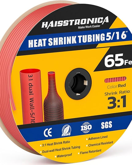 haisstronica 3:1 Heat Shrink Tubing, Shrink Ratio Adhesive Lined Marine Grade Heat Shrink Tube for Home, Automotive and Industrial (Red) 65FT 5/16inch
