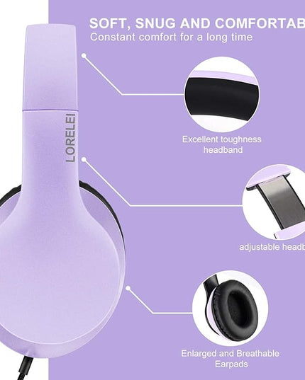 Lorelei X6 Over-Ear Headphones with Microphone, Purple-Black Lightweight Foldable & Portable Stereo Bass, Wired for Smartphone & Tablet, MP3 (1.45M No-Tangle)