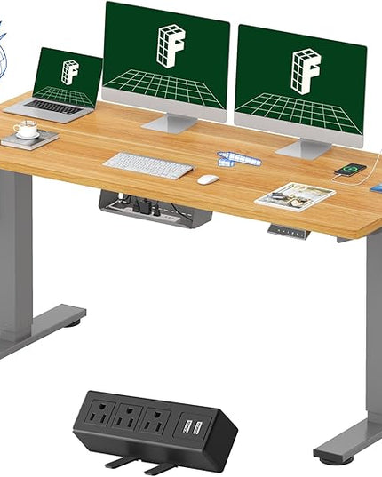 FLEXISPOT EN2 Whole-Piece Standing Desk with Clamp Power Strip, 60 x 24 Electric Stand Up Height Adjustable Desk with Cable Management (Gray Frame + 60" Maple Top, 2 Packages)