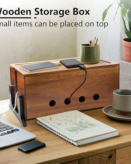 Large Cable Management Box, Wood Cord Hider Box & Organizer for Power Strip Hider Cable Storage for Office, TV Wires, Desk Cord Organizer, Vintage Walnut (14.1" x 6" x 6.3")