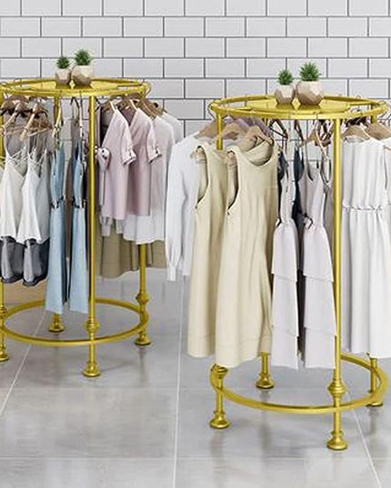 Freestanding Round Garment Display Retail Rack, Floor-Standing Double Space Multi-Purpose Metal Shelf for Clothes Storage, Commercial Clothing Organizer in Retail Boutiques and Bedroom