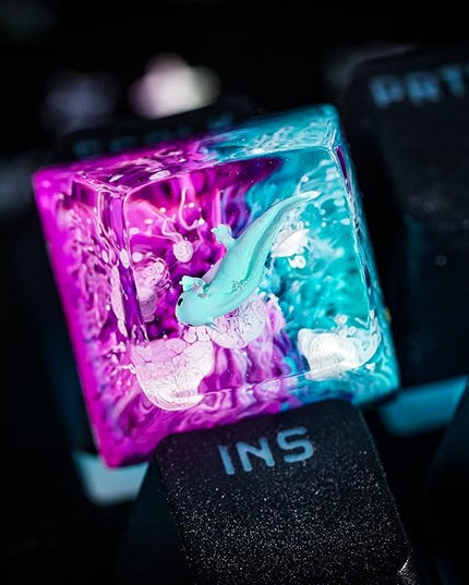 Blue Axolotl Artisan Keycap with Purple and Blue Ocean R1 SA Profile Custom Animal Axolotl Keycap 1U ESC Handmade Resin Compatible with Cherry MX Mechanical Keyboard for Axolotl Lover