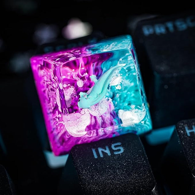 Blue Axolotl Artisan Keycap with Purple and Blue Ocean R1 SA Profile Custom Animal Axolotl Keycap 1U ESC Handmade Resin Compatible with Cherry MX Mechanical Keyboard for Axolotl Lover