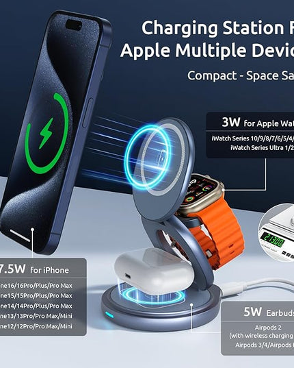 3 in 1 Wireless Charging Station for Apple Travel Charger for Multiple Devices Aluminum Alloy Foldable Magnetic Magsafe Charger 360 Rotating for iPhone 17/16/15/14/13/12 Series,for iWatch,for Airpods
