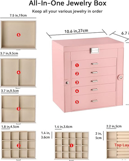 Frebeauty Large Jewelry Box,6-Tier PU Leather Jewelry Organizer,Multi-functional Storage Case with Mirror,Accessories Holder with 5 Drawers for Necklace Bracelets Watches(Pink)