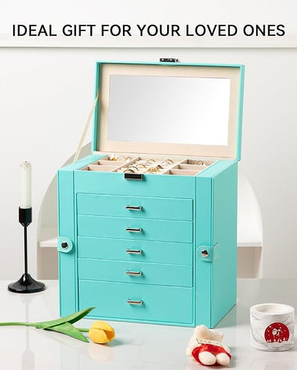 Frebeauty Large Jewelry Box,6-Tier PU Leather Jewelry Organizer,Multi-functional Storage Case with Mirror,Accessories Holder with 5 Drawers for Necklace Bracelets Watches(Turquoise)