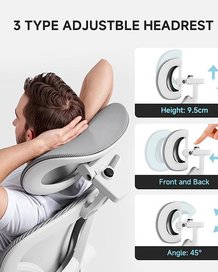 Ergonomic Office Chair, 330LBS Desk Chair with 3-Level Lumbar Support & Headrest, Breathable Mesh Backrest, Flip-Up Armrests for Home Office and Gaming, White and Gray