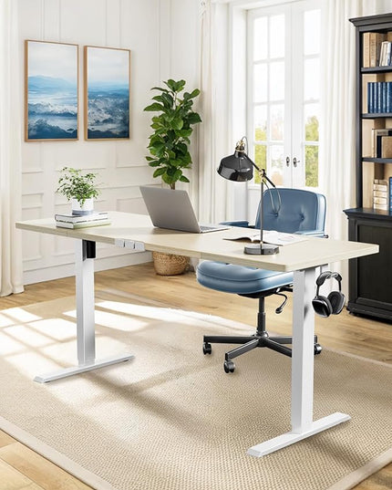 HUANUO 63 x 24 inch Electric Standing Desk, Height Adjustable Table with Headphone Hooks & Cable Manager, Sit to Stand up Desk for Home Office, Natural