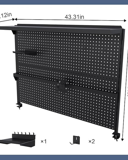KEIKI Clamp-On Desk Pegboard with Single Monitor Stand, 43" x 35" Steel Peg Board Office Organizer with Hooks, Movable Panel & Shelf for Office Supplies, Gaming Setup & Desk Organization, Black